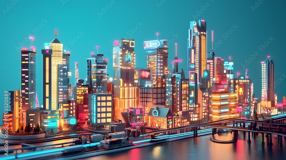 Obraz premium Futuristic city at night with glowing neon lights for Modern skyscrapers unique architecture dominate the scene concept.