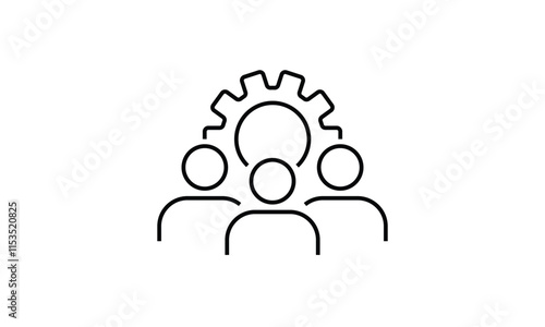 Team training, crm system outline icon, group of three people with a gear icon. Vector EPS10