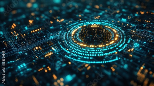 Abstract Digital Technology Background Featuring Circular Patterns and Colorful Light Effects Illustrating Data Flow and Network Connections in a Futuristic Environment