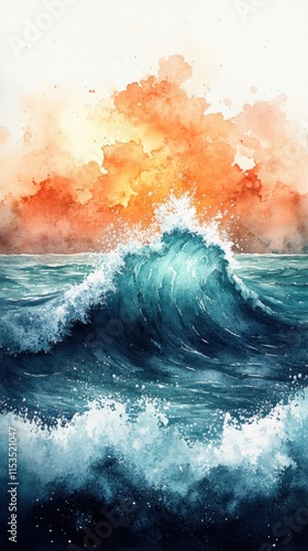 Dramatic Ocean Wave Surging Against Colorful Sunset Sky in Vibrant Watercolor Style, Perfect for Nature and Seascape Art Enthusiasts
