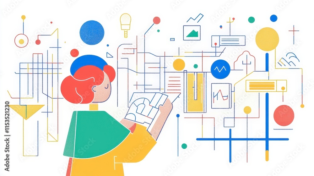 Woman Analyzing Charts and Data in Modern Abstract Workspace Scene Woman Analyzing Charts and Data in Modern Abstract Workspace Scene