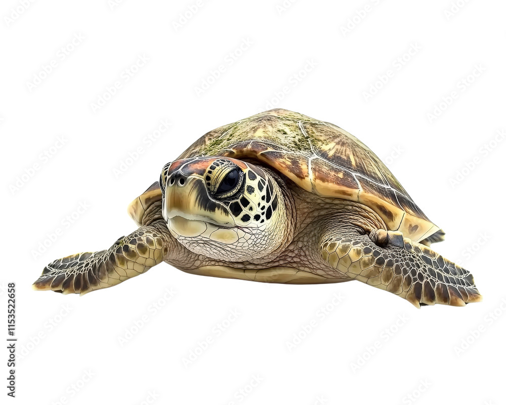 Fototapeta premium realistic green sea turtle resting on sandy ocean floor, showcasing intricate shell patterns and textures. This serene creature embodies beauty of marine life
