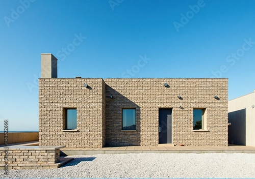 A unique shot of a minimalist house with a spiral staircase visible through a glass wall, adding architectural intrigue