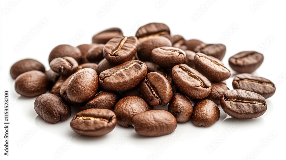 Brown Coffee Beans Piled on White Background for Gourmet Beverage Brown Coffee Beans Piled on White Background for Gourmet Beverage