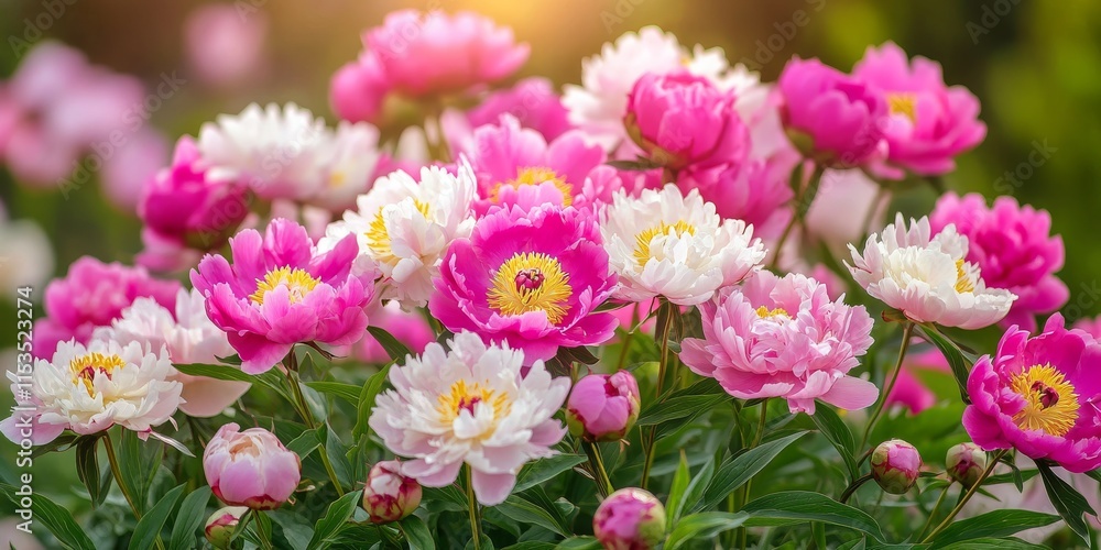Peony flowers in shades of pink and white bloom beautifully in a garden, creating a vibrant and lively atmosphere on a sunny summer day filled with the charm of peony flowers. Peony flowers in shades of pink and white bloom beautifully in a garden, creating a vibrant and lively atmosphere on a sunny summer day filled with the charm of peony flowers.