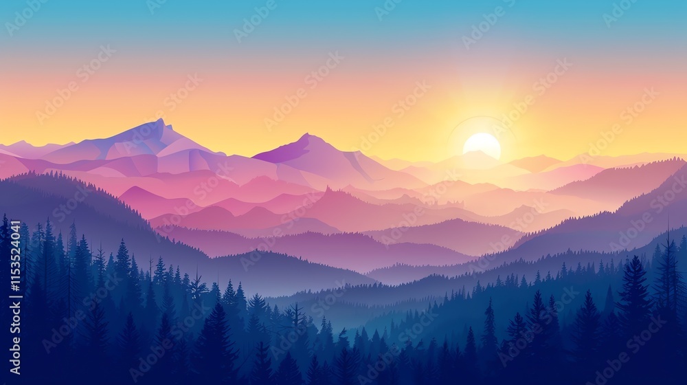A colorful illustration of a mountain range at sunrise. A colorful illustration of a mountain range at sunrise.