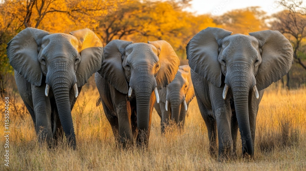 Fototapeta premium Three African Elephants Walking Through Golden Grassland