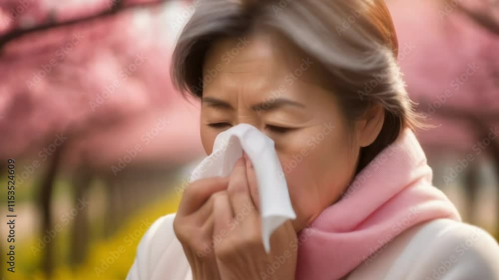 Elderly Korean woman blowing her nose, sneezing into a handkerchief against a backdrop of pink flowering trees. The concept of spring allergies. The season of blossoms and flower pollen. Elderly Korean woman blowing her nose, sneezing into a handkerchief against a backdrop of pink flowering trees. The concept of spring allergies. The season of blossoms and flower pollen.