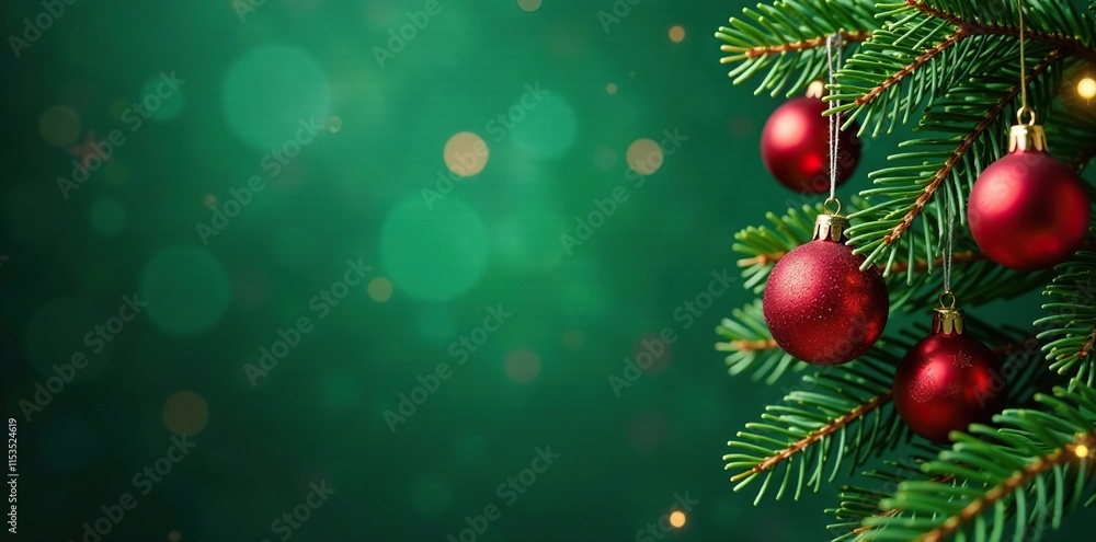 Fir tree branches with red balls against a green background, snowflakes, festive lights, winter wonderland Fir tree branches with red balls against a green background, snowflakes, festive lights, winter wonderland