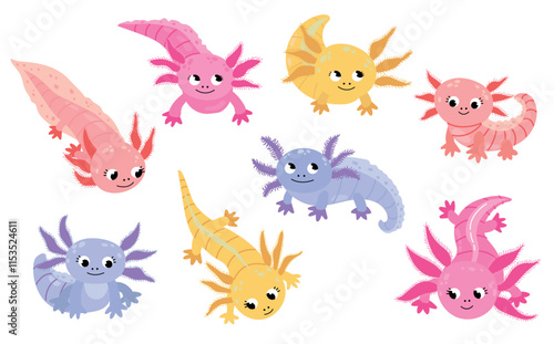 Set of cute stylized axolotls. White background, isolate
