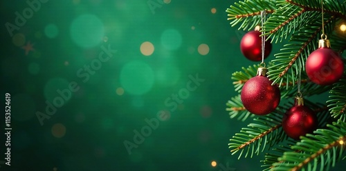 Fir tree branches with red balls against a green background, snowflakes, festive lights, winter wonderland