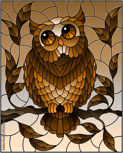 Illustration in stained glass style with fabulous owl sitting on a tree branch against the sky, tone brown