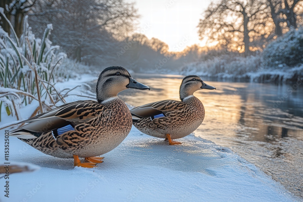 Ducks resting on the riverbank during winter with a soft glow of dawn Ducks resting on the riverbank during winter with a soft glow of dawn