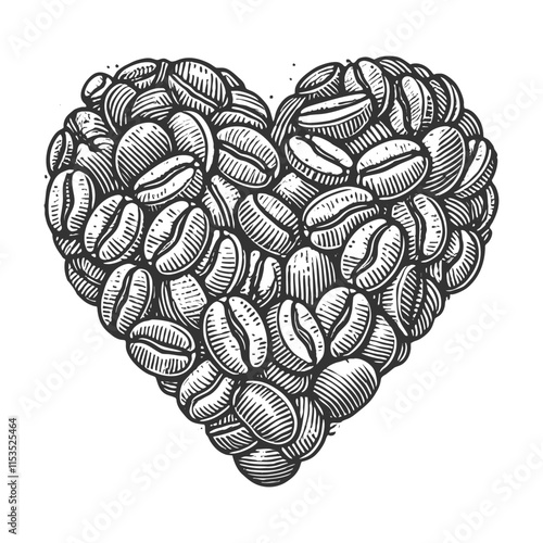 coffee beans arranged in a heart shape, symbolizing love for coffee and artisanal brewing sketch engraving generative ai vector illustration. Scratch board imitation. Black and white image.
