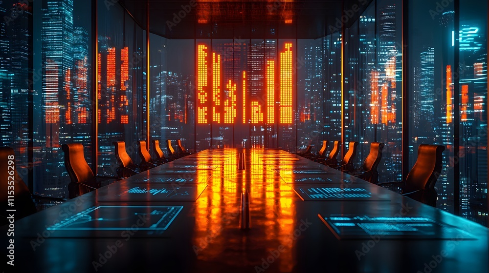 Fototapeta premium Vibrant business meeting with glowing analytics on monitors and polished tables, dynamic visuals, 3D render