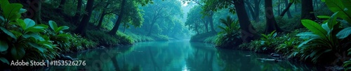 A tranquil river flows smoothly through the heart of a dense tropical forest at night, greenery, river