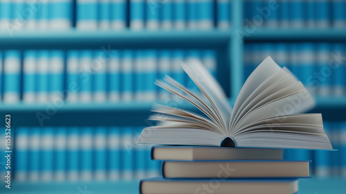 Open book resting on a stack of books in a library with rows of blue book spines in the background. photo