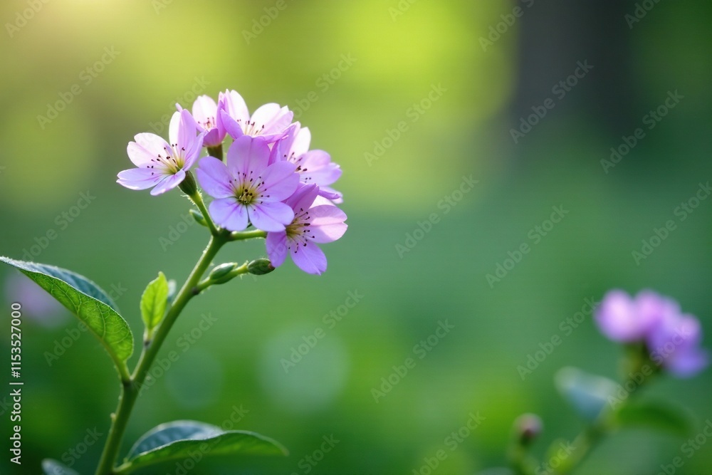 A bouquet of small white and purple flowers sways gently in the breeze on a lush green stem, petal, spring A bouquet of small white and purple flowers sways gently in the breeze on a lush green stem, petal, spring