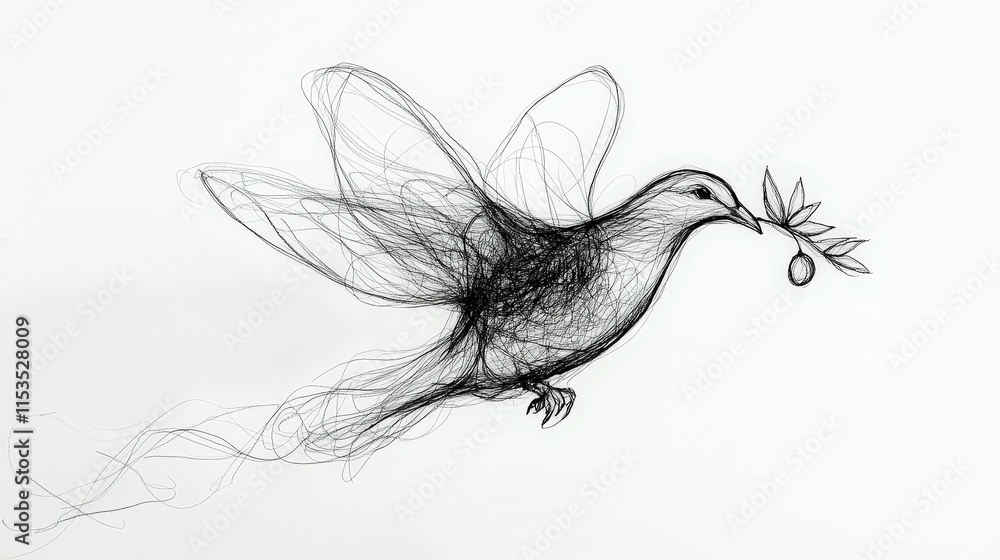 Elegant Sketch of a Bird with an Olive Branch in Delicate Lines Elegant Sketch of a Bird with an Olive Branch in Delicate Lines