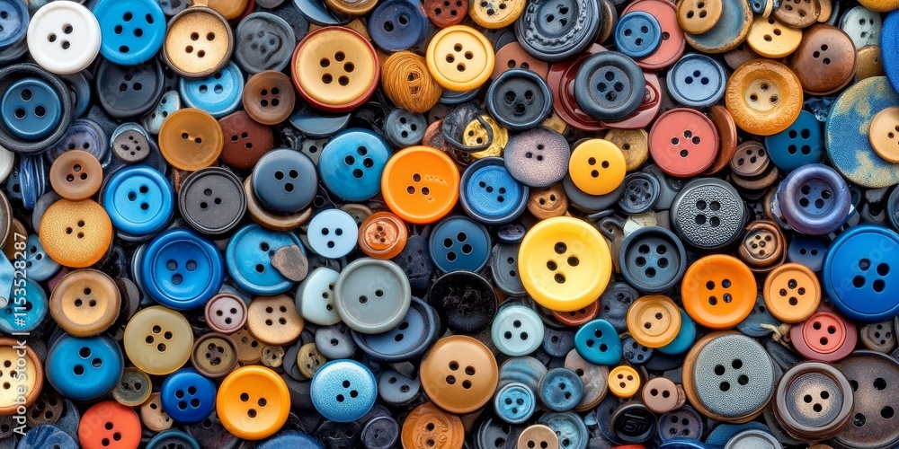 A collection of miscellaneous buttons arranged in a pile, showcasing various colors, shapes, and sizes, ideal for creativity and craft projects involving miscellaneous buttons.