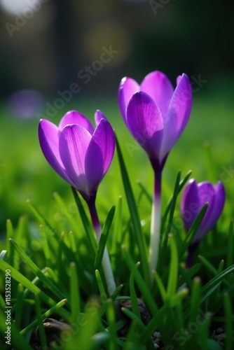 Elegant purple flowers blooming amidst lush green foliage, green landscape, autumn crocus
