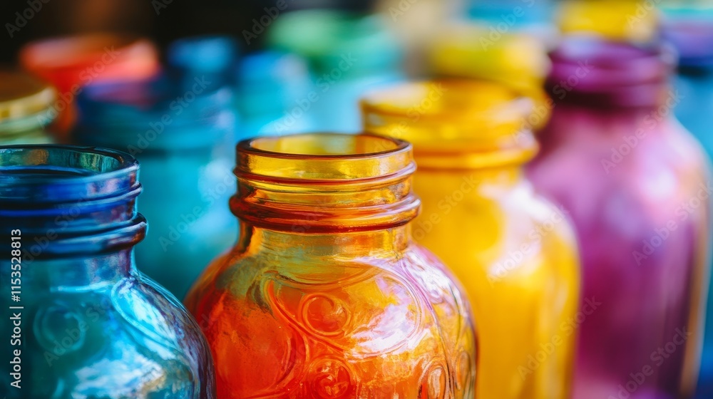 Colorful jars in a selective close up with a shallow depth of field showcase the vibrant hues and intricate details of the jars, enhancing the visual appeal and artistic value of colorful jars. Colorful jars in a selective close up with a shallow depth of field showcase the vibrant hues and intricate details of the jars, enhancing the visual appeal and artistic value of colorful jars.