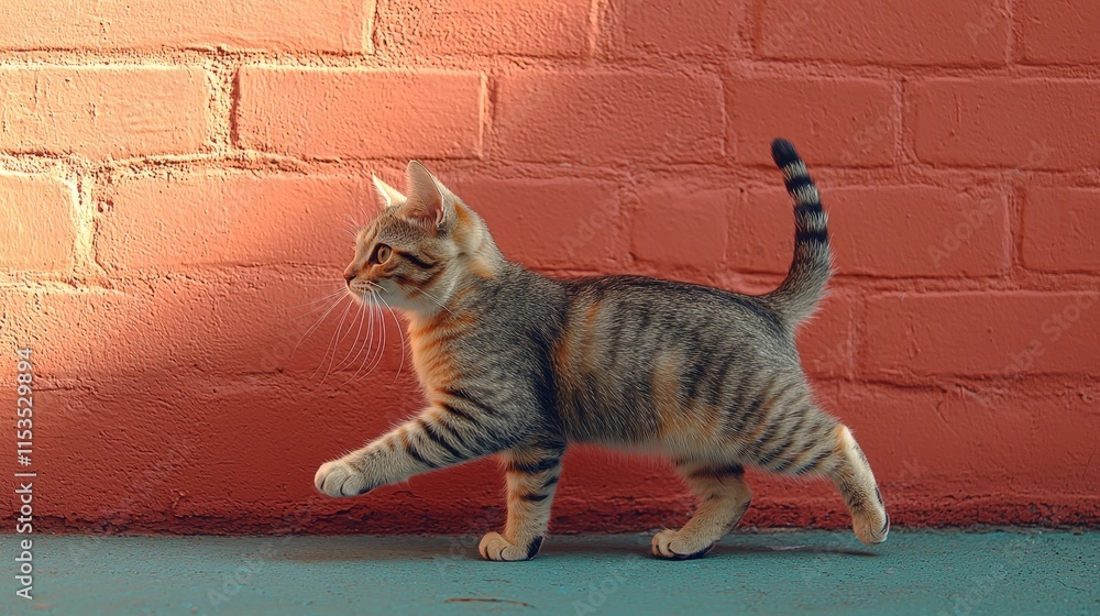 Naklejka premium Curious tabby cat walking against a vibrant wall
