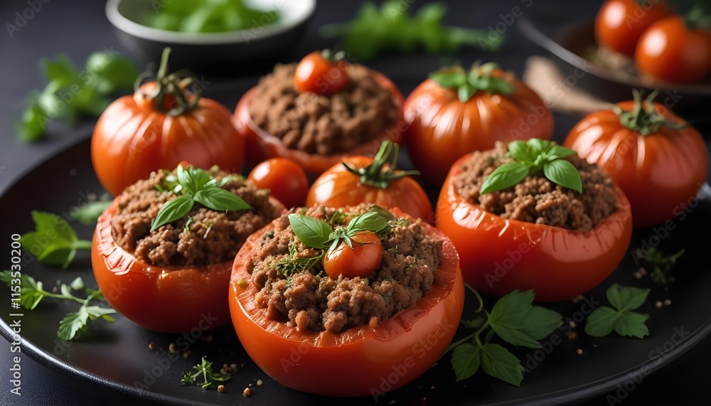 Stuffed tomatoes with ground meat and herbs, served on a dark plate with a blurred green background Stuffed tomatoes with ground meat and herbs, served on a dark plate with a blurred green background