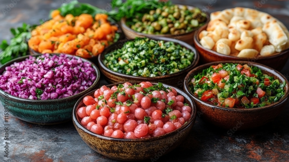 Colorful bowls of various salads and dips. Colorful bowls of various salads and dips.