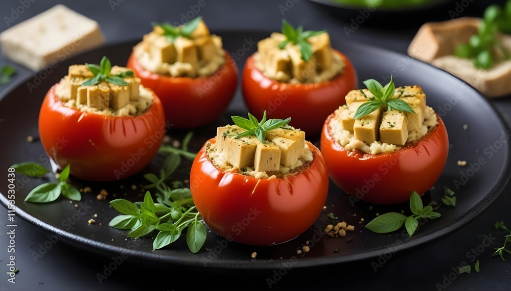 Stuffed tomatoes with tofu and herbs , served on a dark plate with a blurred green background Stuffed tomatoes with tofu and herbs , served on a dark plate with a blurred green background