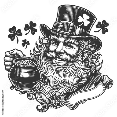 leprechaun holding a pot of gold with a shamrock emblem sketch engraving generative ai fictional character vector illustration. Scratch board imitation. Black and white image.