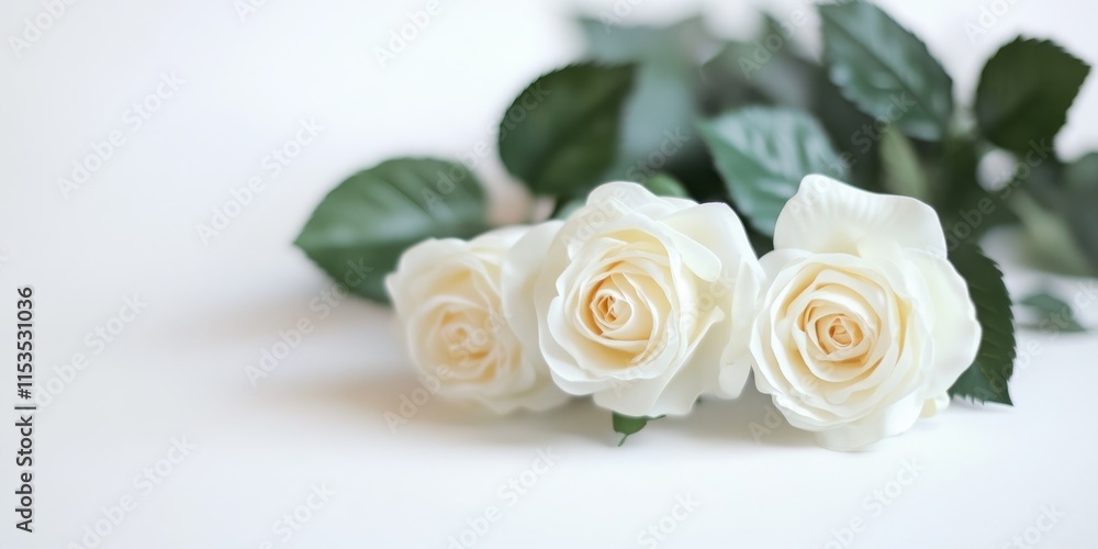 Artificial white roses delicately arranged on a white background create a serene visual. This image of artificial white roses highlights their elegance and beauty with selective focus. Artificial white roses delicately arranged on a white background create a serene visual. This image of artificial white roses highlights their elegance and beauty with selective focus.