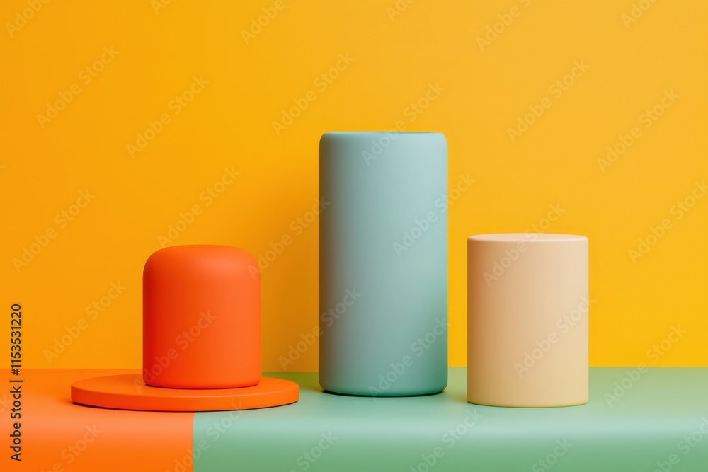 Bright, minimalist display of three geometric shapes in vibrant colors against a contrasting background. Bright, minimalist display of three geometric shapes in vibrant colors against a contrasting background.