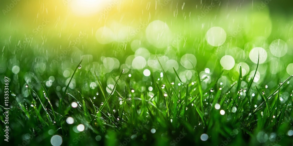 Obraz premium Fresh green grass after the rain creates a vibrant background. The lush green grass glistens with raindrops, enhancing the beauty of the natural background filled with green grass.