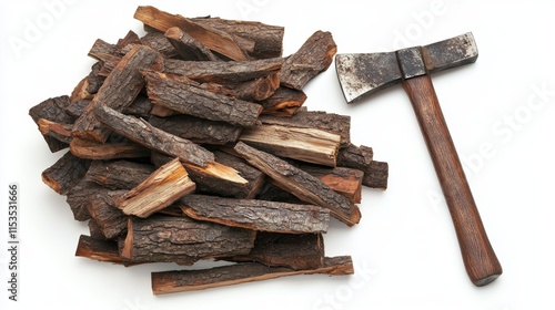 Top-down view of a firewood splitting maul on a white background, featuring sharp details. photo