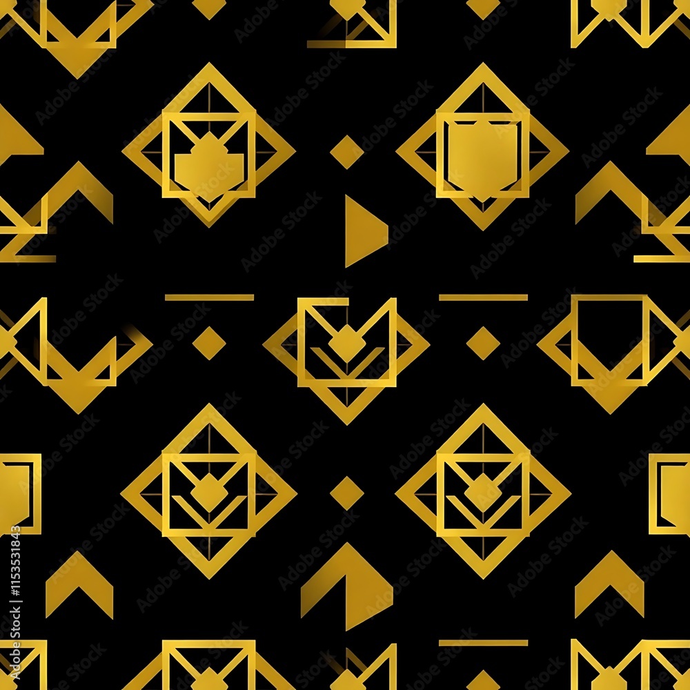 Golden Geometric Pattern: A seamless pattern featuring a modern geometric design in gold on a black background. Perfect for adding a touch of elegance and sophistication to your projects. Golden Geometric Pattern: A seamless pattern featuring a modern geometric design in gold on a black background. Perfect for adding a touch of elegance and sophistication to your projects.