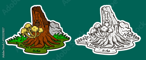 Tree Stump and Mushroom Doodle Sticker Illustration