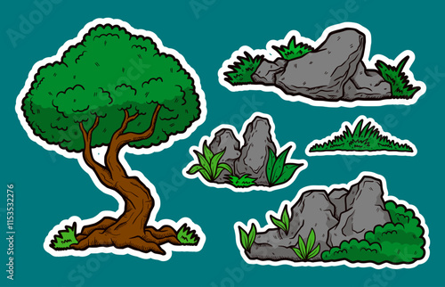 Set of Tree and Grass Doodle Sticker Illustration