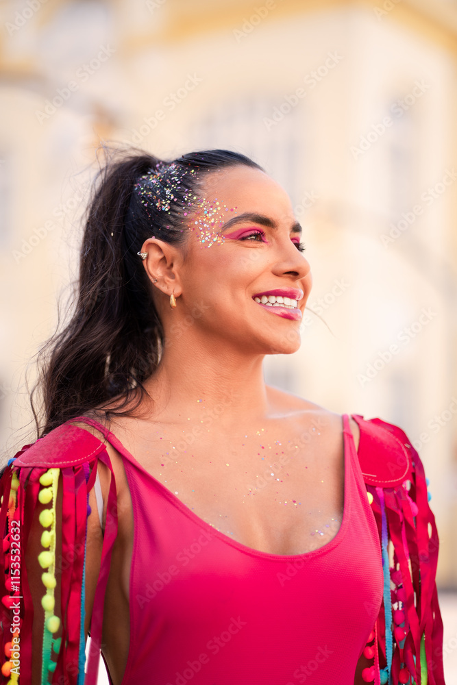 Φωτογραφία Carnival street portrait of smiling woman in costume