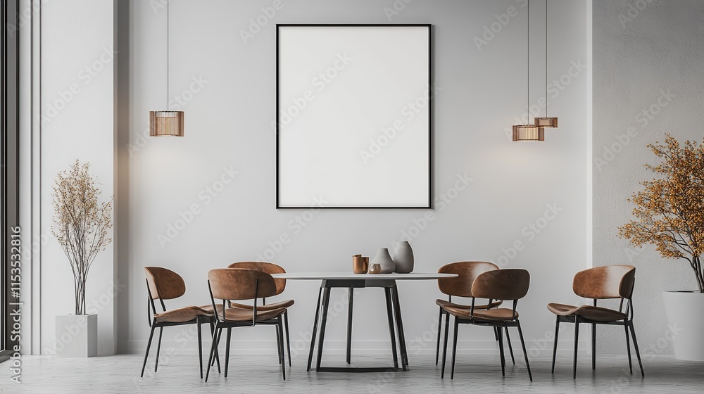 Fototapeta premium A stylish and empty dining room with a wooden table, chairs, and large windows, featuring luxury furniture and a modern interior design
