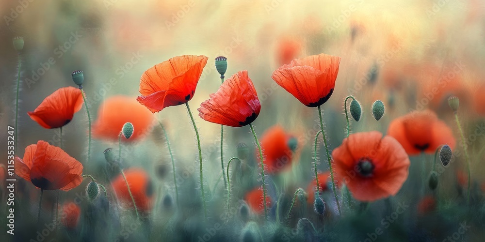 Obraz premium Vibrant red poppies bloom in a serene clearing, showcasing exquisite spring flowers. These red poppies, captured with selective blur and soft focus, highlight the beauty of nature during warm spring