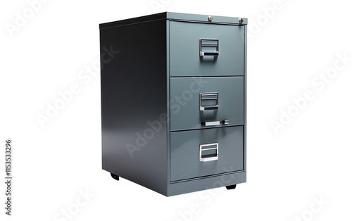 a grey file cabinet with three drawers