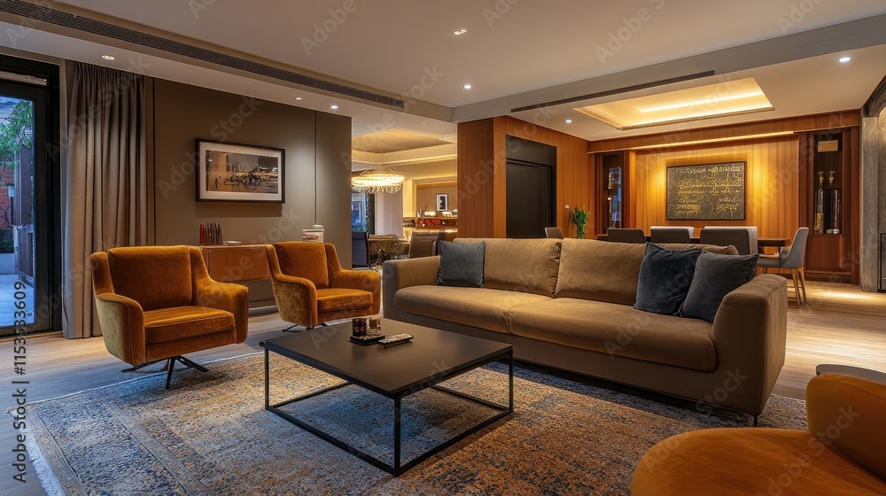 Stylish living room with a cozy sofa and matching accent armchair Stylish living room with a cozy sofa and matching accent armchair