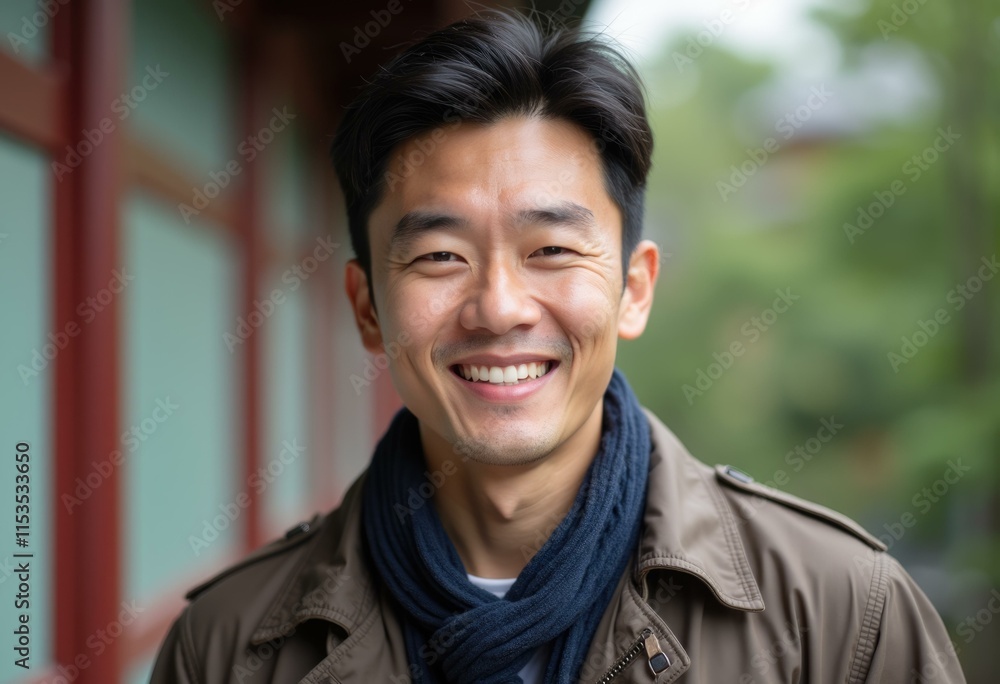 A smiling Asian man wearing a brown jacket and a blue scarf. A smiling Asian man wearing a brown jacket and a blue scarf.