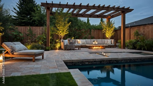 Video footage of modern backyard features a pergola covered seating area with a fire pit, surrounded by lush greenery and a pool, creating a cozy and inviting outdoor living space