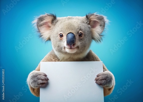 Minimalist Koala Holding Blank Sign - Blue Background Stock Photo photo