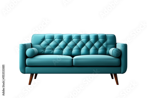 a blue couch with wooden legs photo