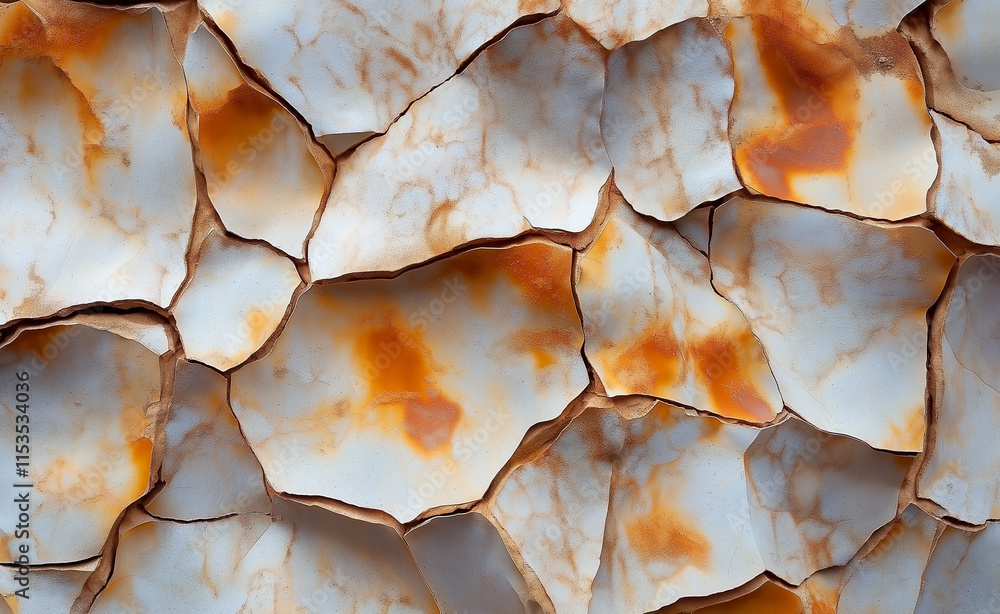 A close-up texture of cracked and rusted metal surface with peeling layers revealing orange and white corrosion patterns. A close-up texture of cracked and rusted metal surface with peeling layers revealing orange and white corrosion patterns.