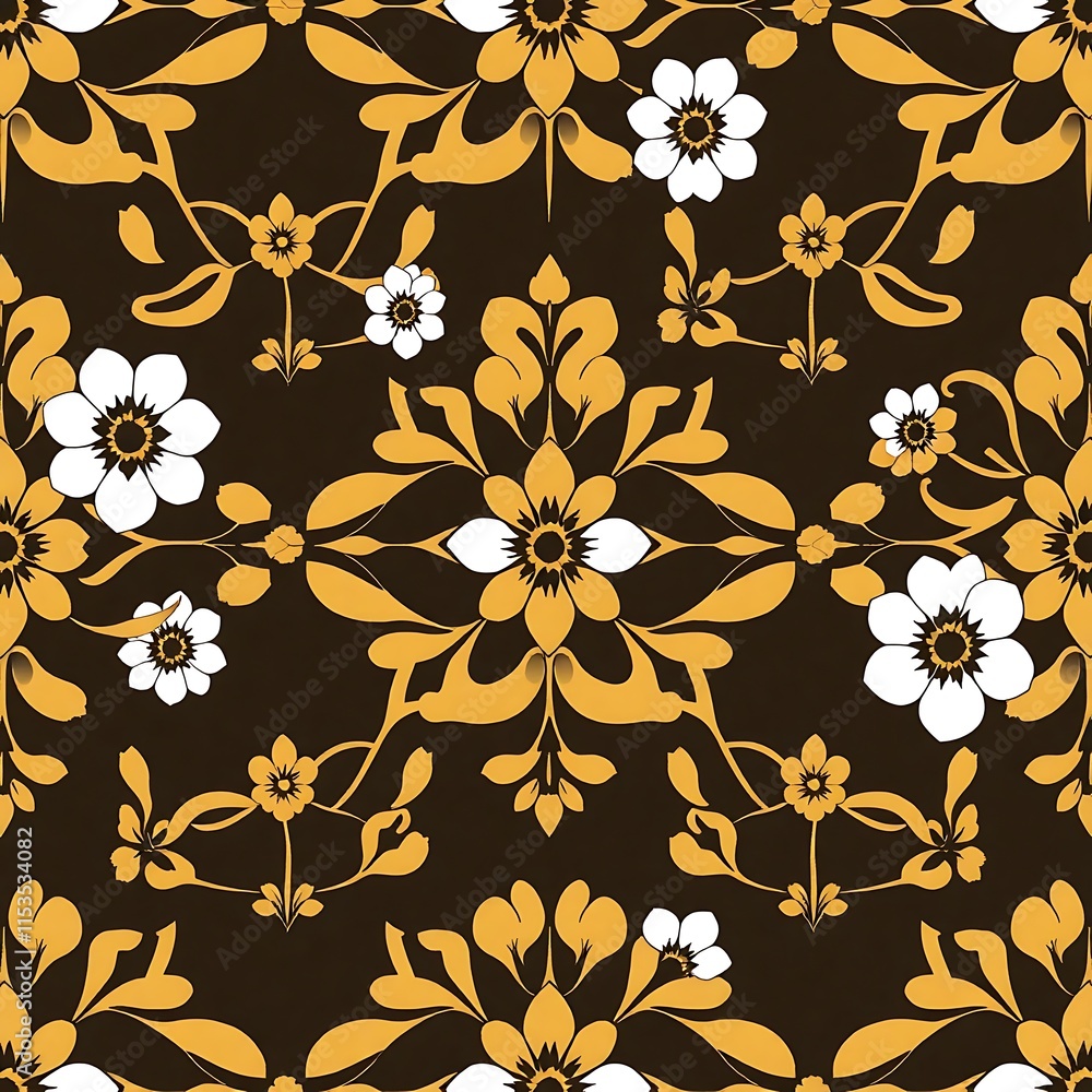 Elegant Floral Pattern in Gold and White: A seamless pattern with delicate white flowers and intricate golden vines on a rich brown background. Elegant Floral Pattern in Gold and White: A seamless pattern with delicate white flowers and intricate golden vines on a rich brown background.