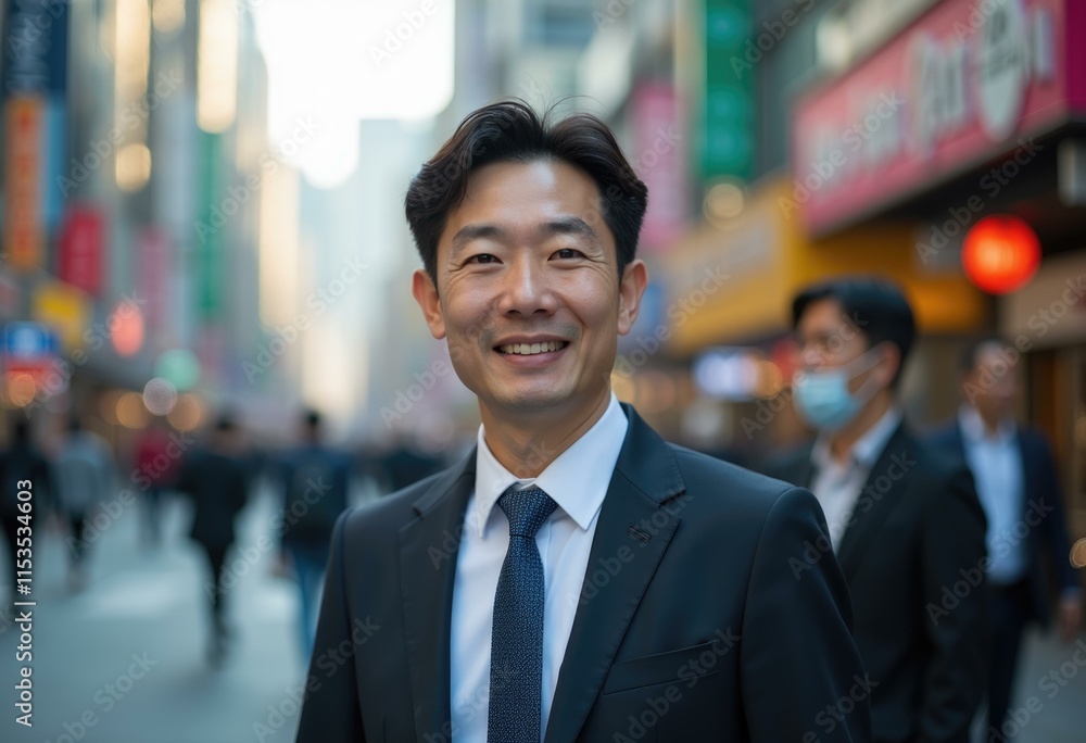Smiling businessman in a suit standing in a busy city street Smiling businessman in a suit standing in a busy city street